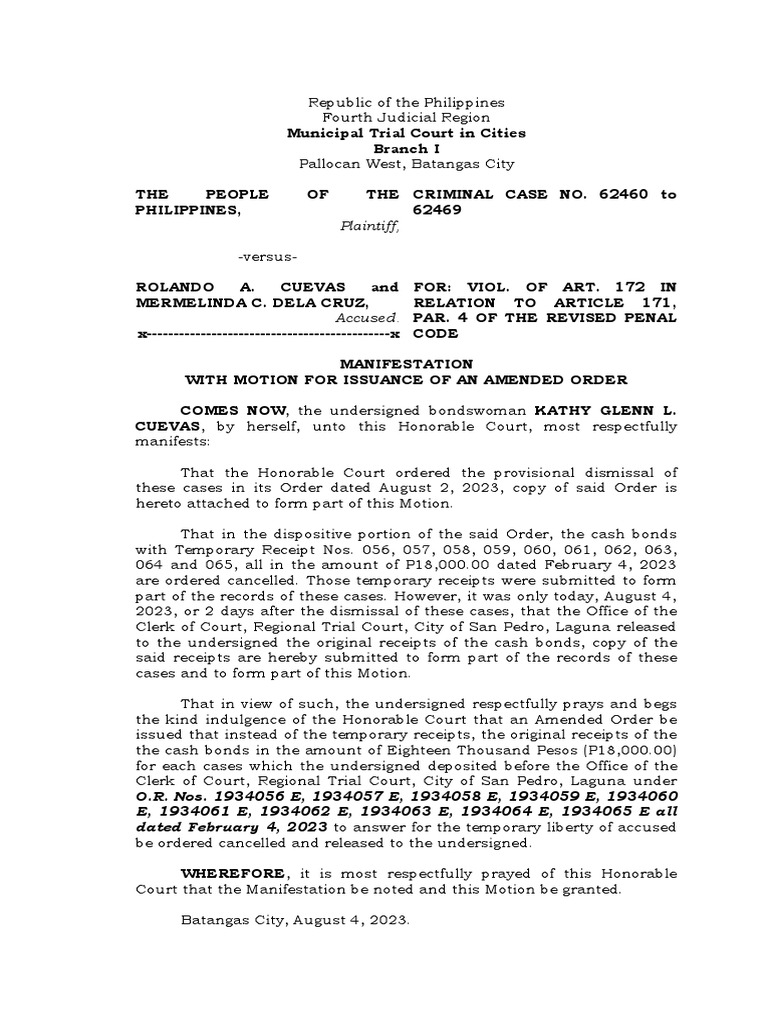 Motion 4 Release Cash Bond PDF Legal Procedure Courts