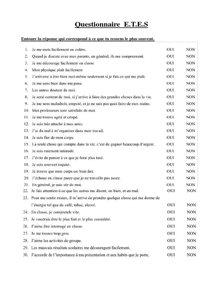 Questionnaire sur les émotions E.T.E.S | PDF | Arts du langage et ...