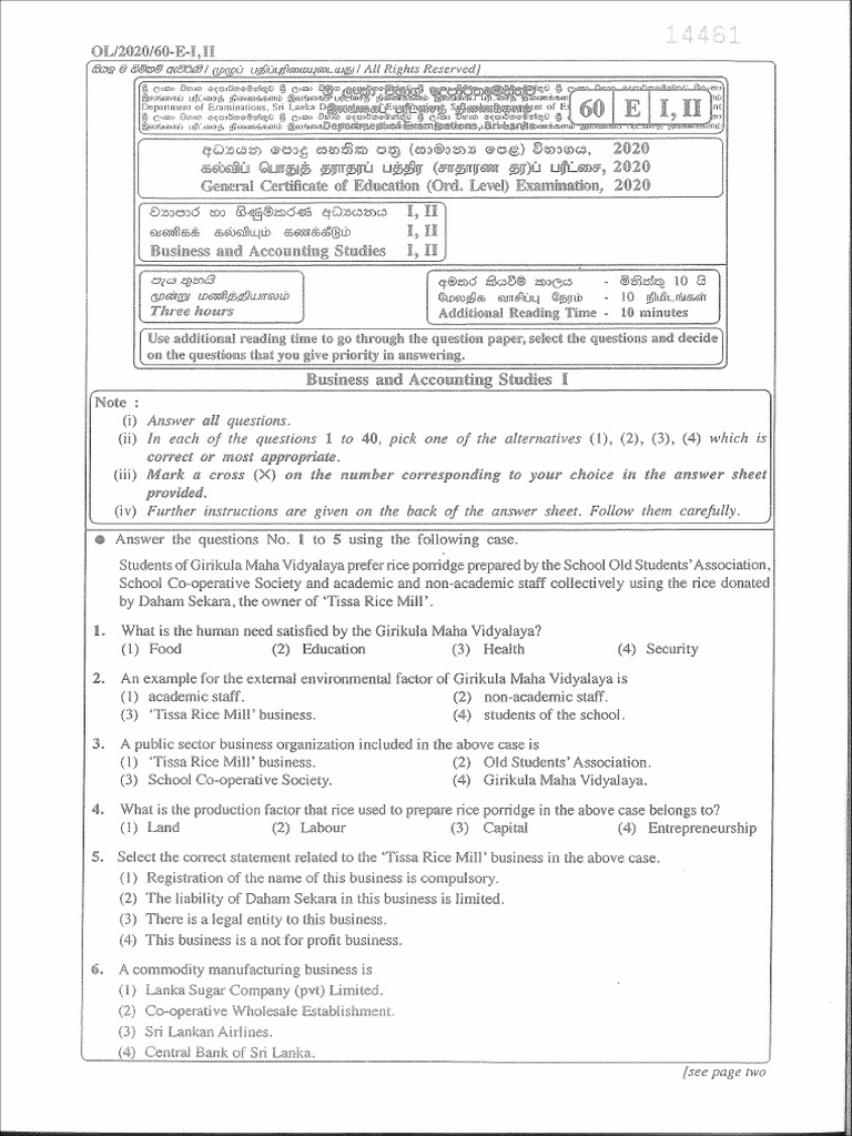 2020 OL Business and Accounting Studies Past Paper English Medium | PDF