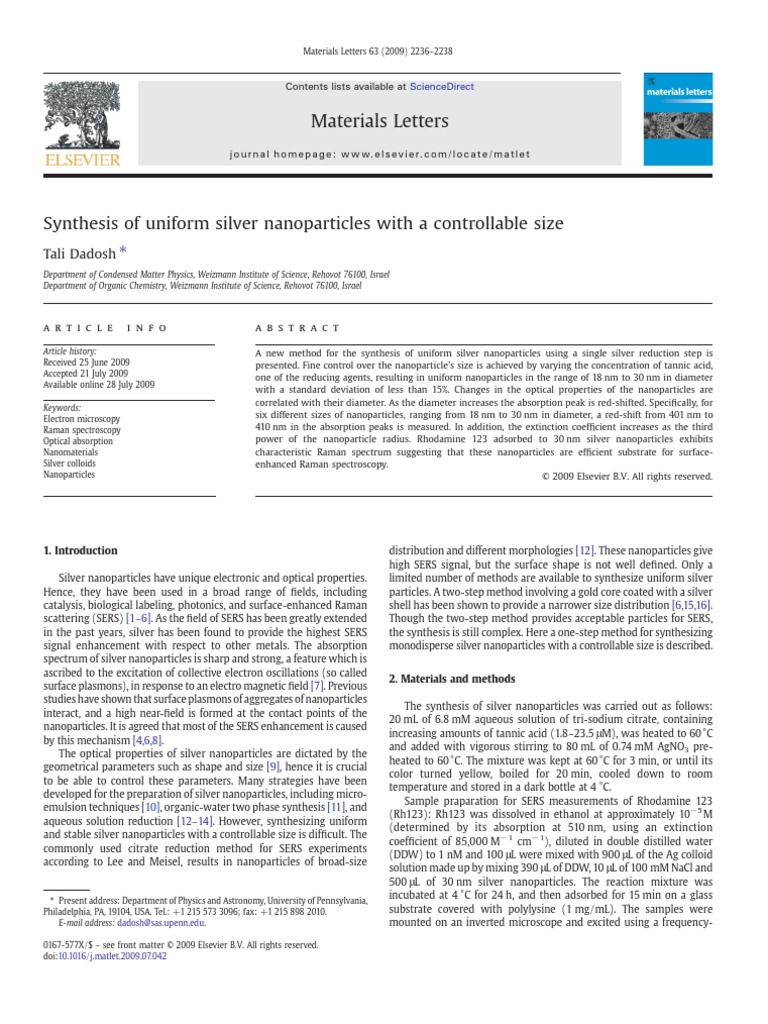 Uniform Silver Nanoparticles Synthesis | PDF | Nanoparticle | Physical ...