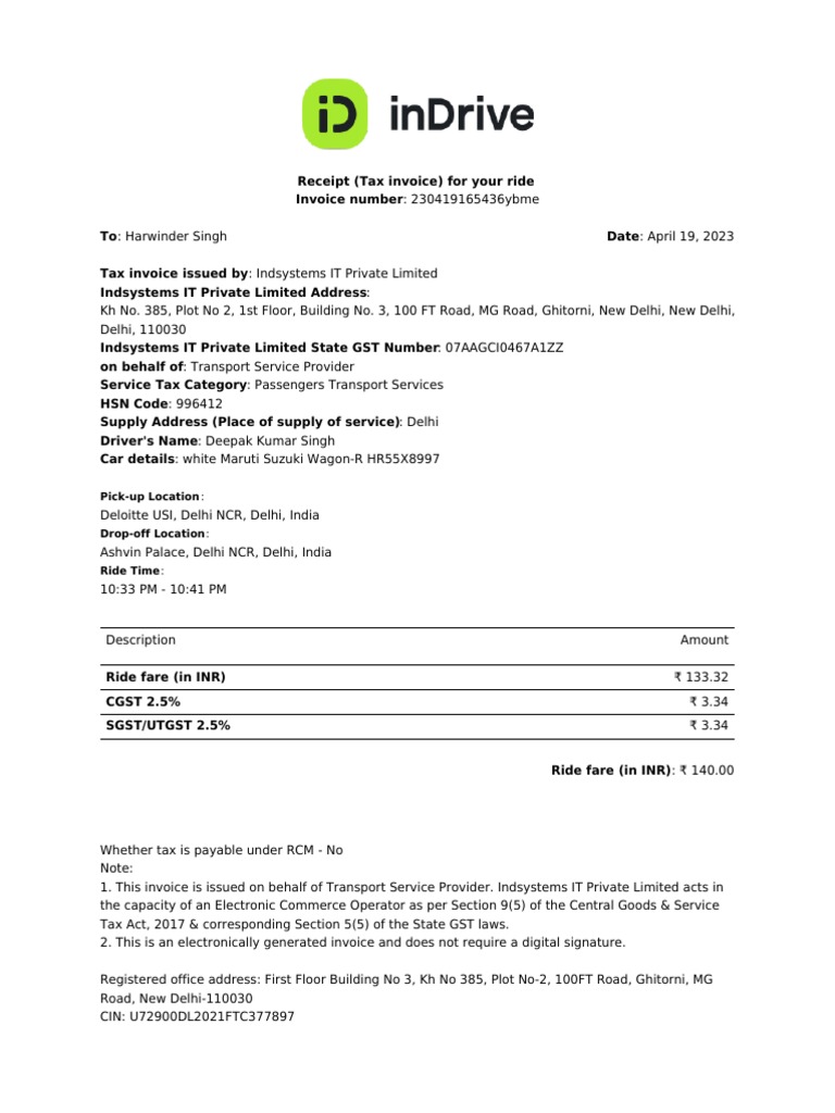 Inddrive Ride Invoice - April 2023 | PDF