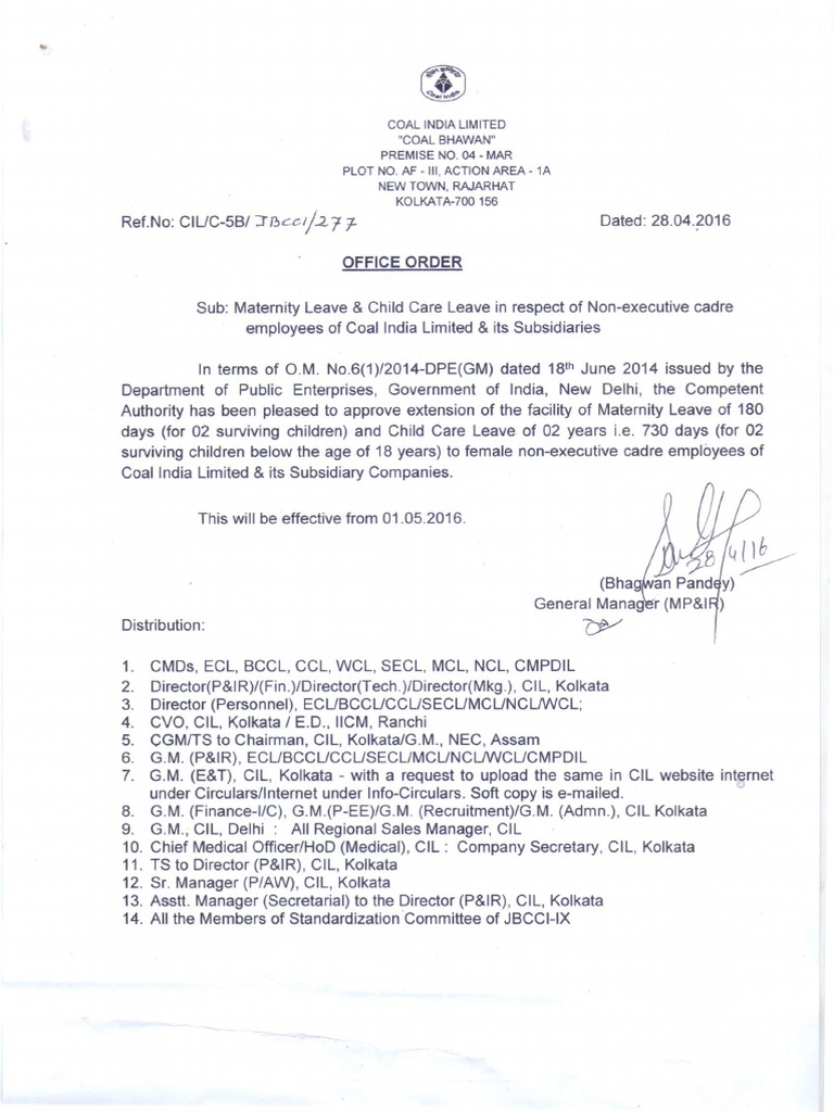 Maternity leave child care leave in respect of non