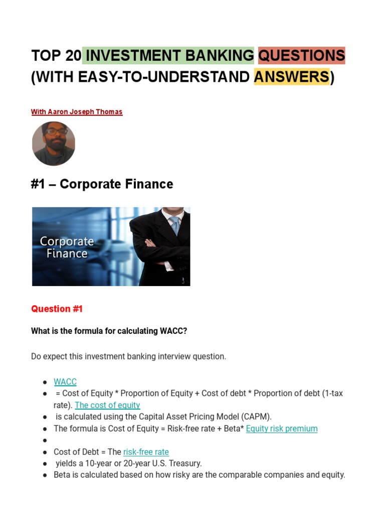 Top Investment Banking Interview Questions | PDF | Discounted Cash Flow ...