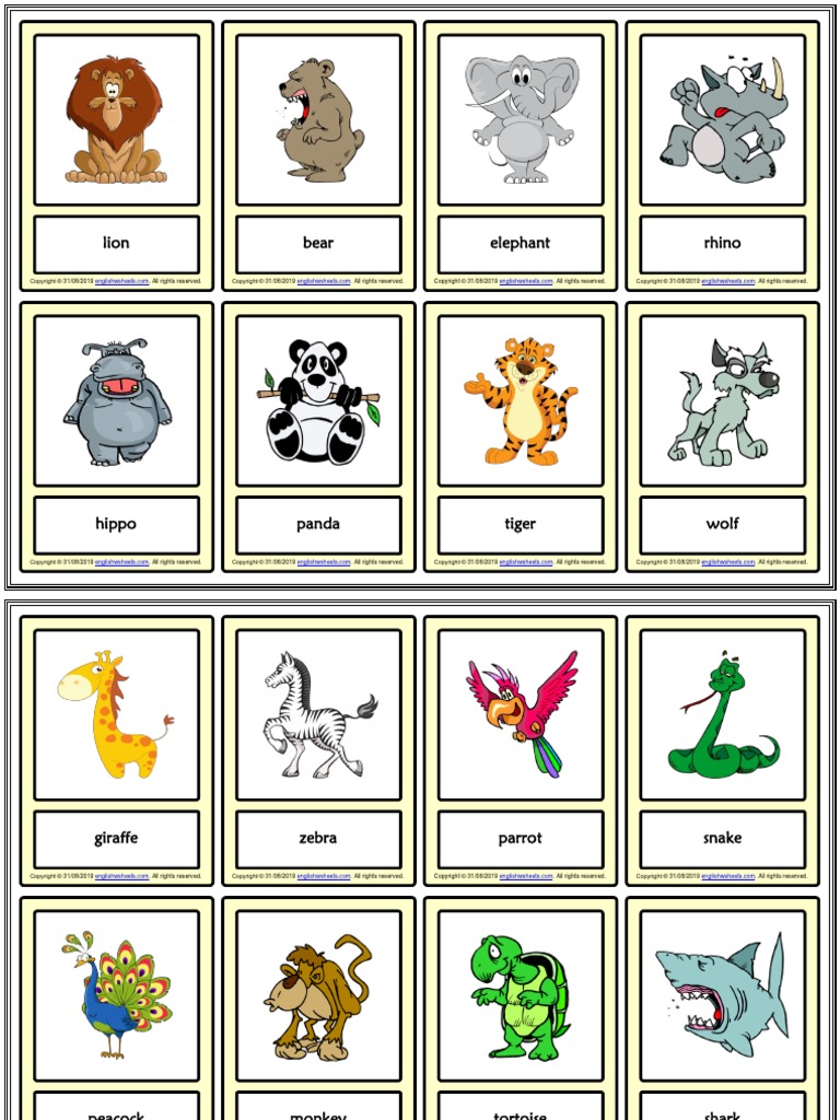 Animals Vocabulary Esl Printable Learning Cards For Kids | PDF | All ...