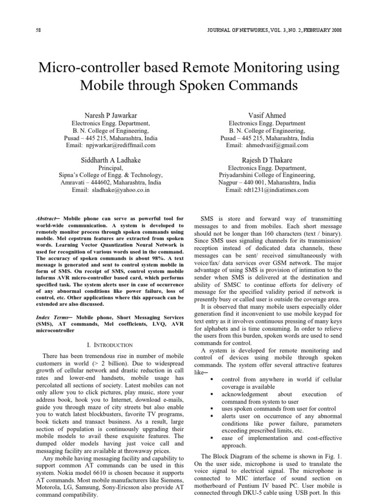 Micro-Controller Based Remote Monitoring Using Mobile Through Spoken ...