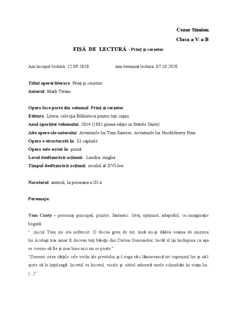 Fisa De Lectura Print Si Cersetor