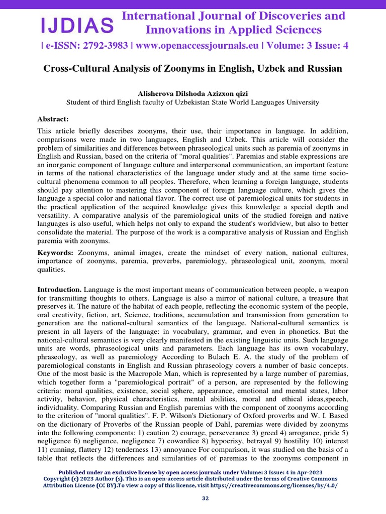 Cross-Cultural Analysis of Zoonyms in English, Uzbek and Russian | PDF ...