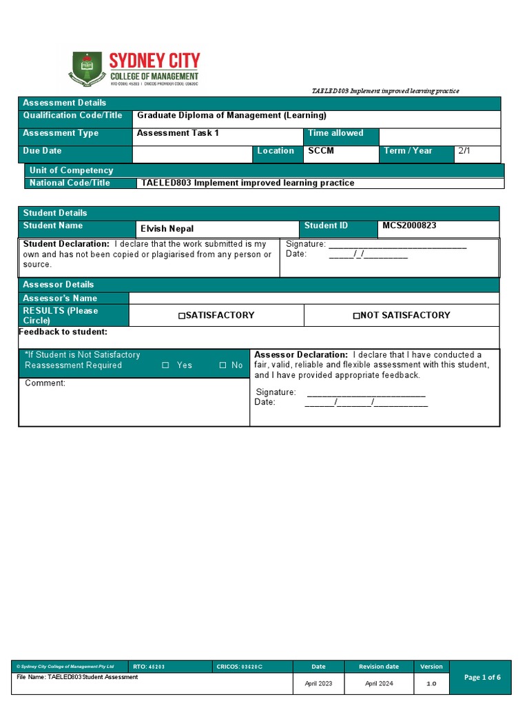 TAELED803 Student Assessment Tasks 1 | PDF