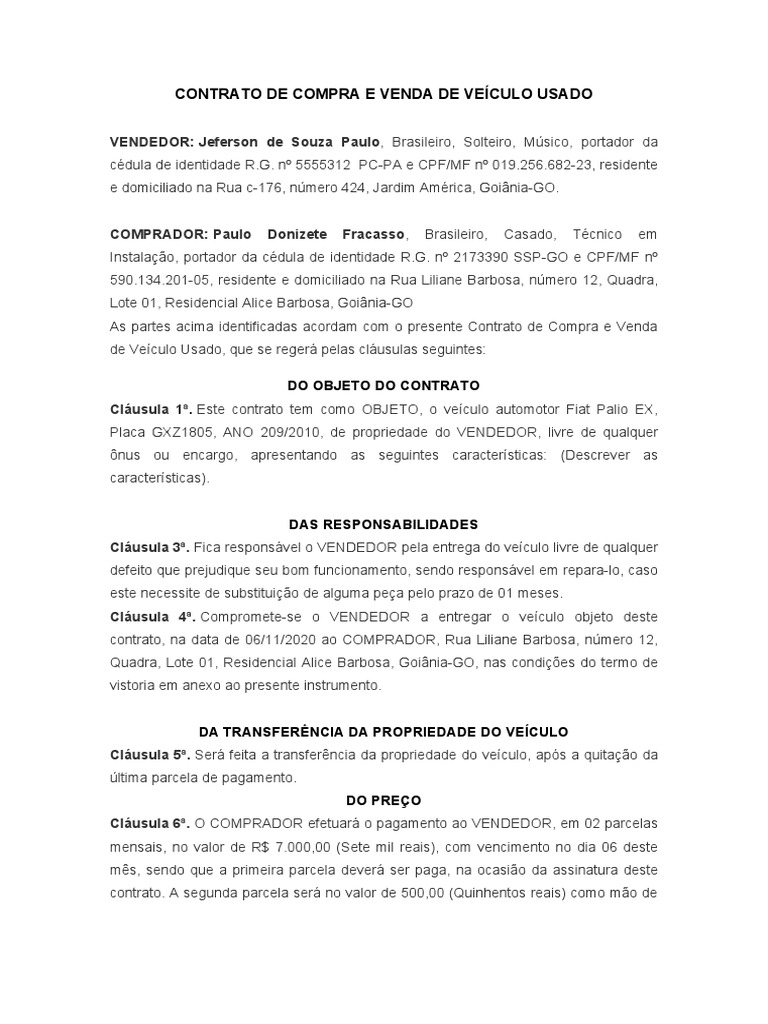 Contrato de Compra de Veículo Usado | PDF | Direito