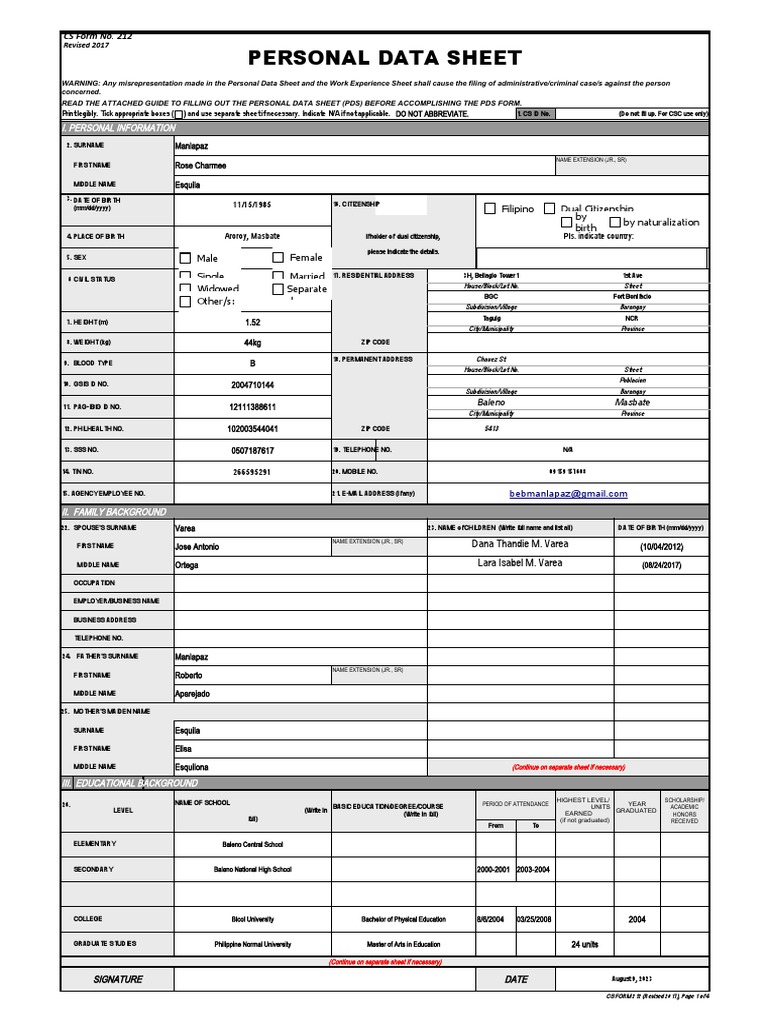 CS Form No. 212 Personal Data Sheet Revised PDF Government