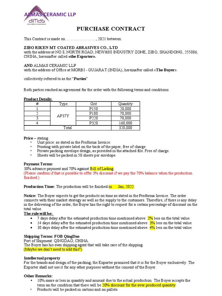 Almas Ceramic Purchase Contract Details | PDF