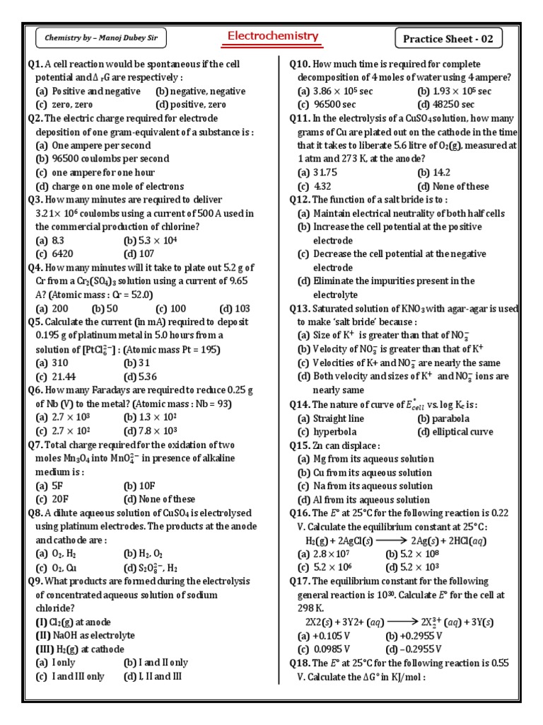 Electrochemistry Practice Sheet 02 PDF