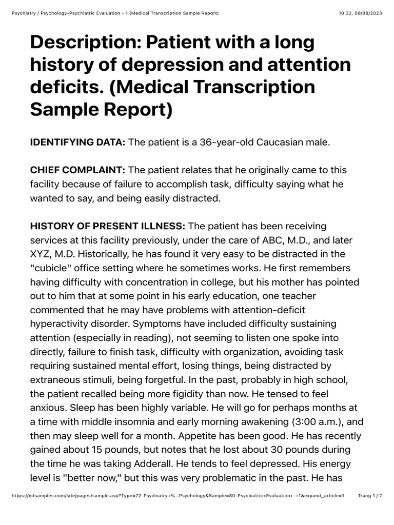 Psychiatric Evaluation Report Sample | PDF | Attention Deficit ...