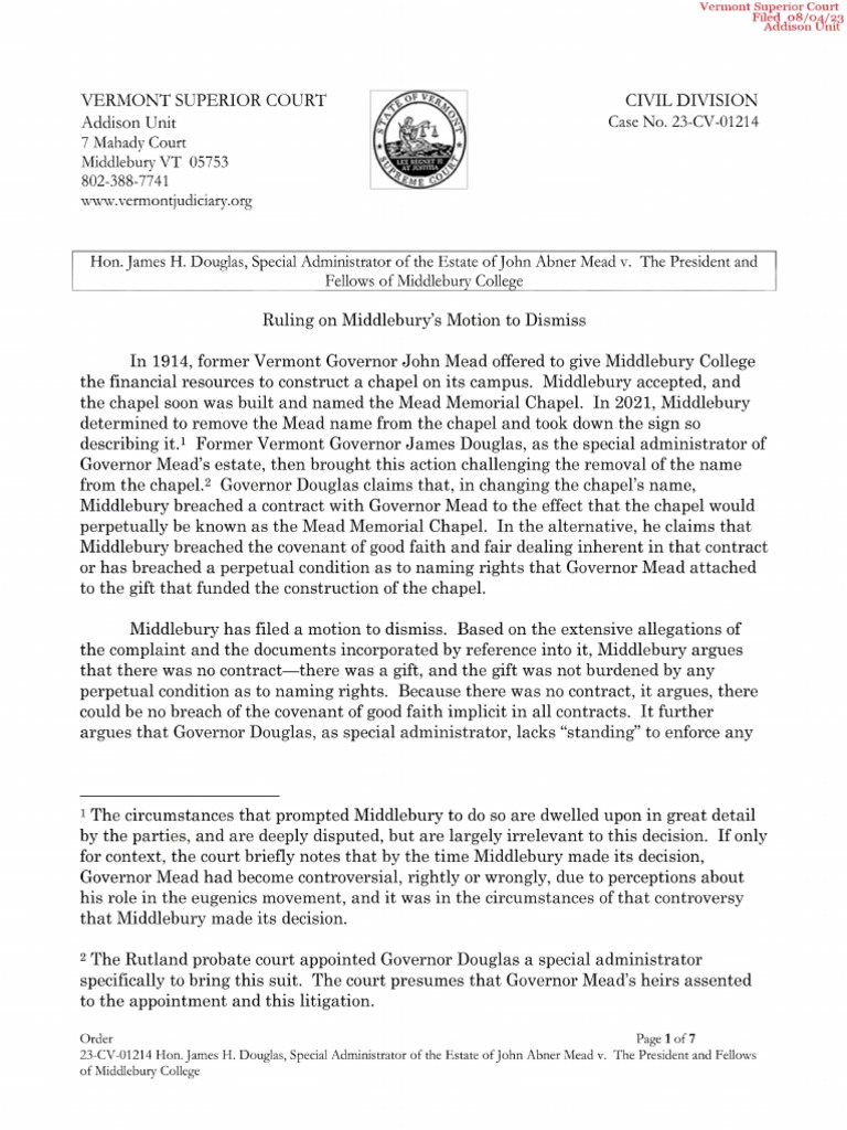 Judge allows lawsuit from canceled donor's estate against Middlebury  College to move forward | PDF | Standing (Law) | Federal Rules Of Civil  Procedure