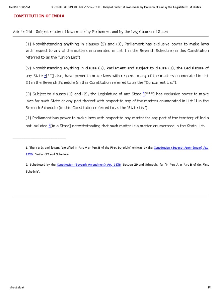 CONSTITUTION OF INDIA Article 246 SubjectMatter of Laws Made by