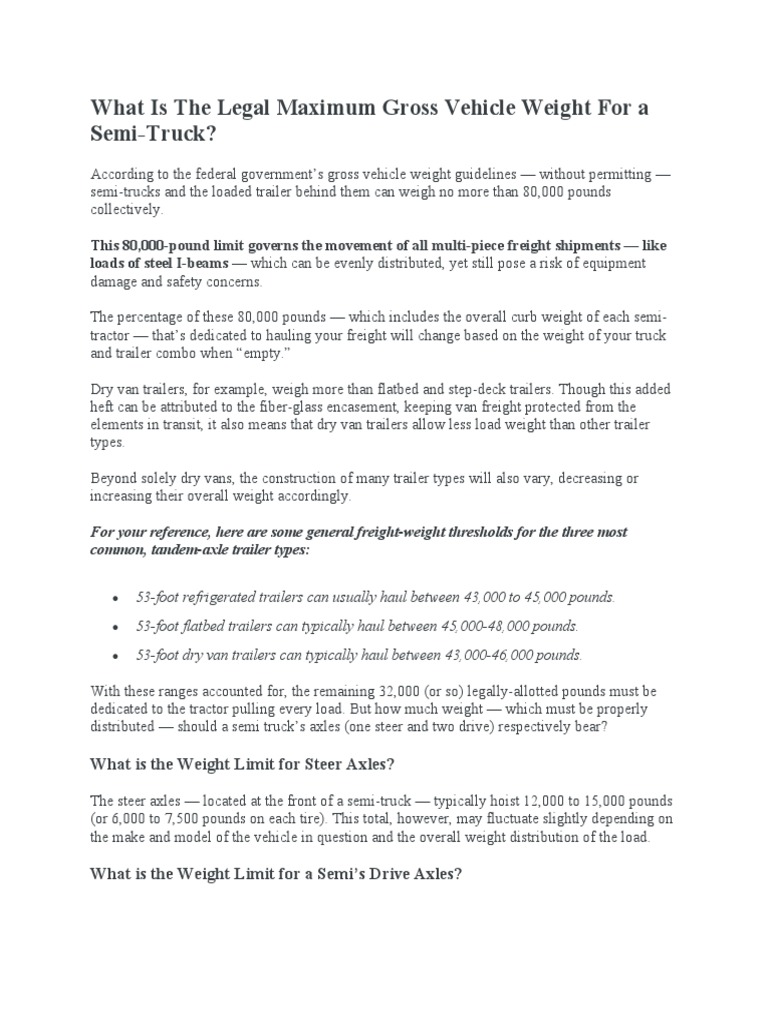 Legal Weight Limits for Semi Trucks | PDF | Semi Trailer Truck ...