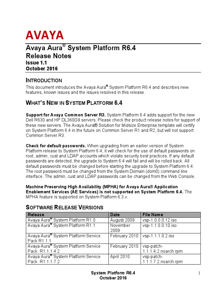 Avaya aura system platform r6 4 release notes issue 1 1 pdf