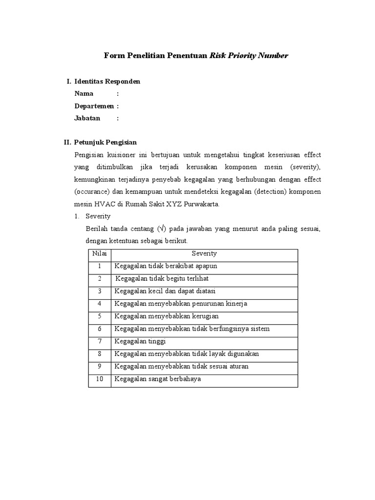 Form Penelitian Penentuan Risk Priority Number | PDF