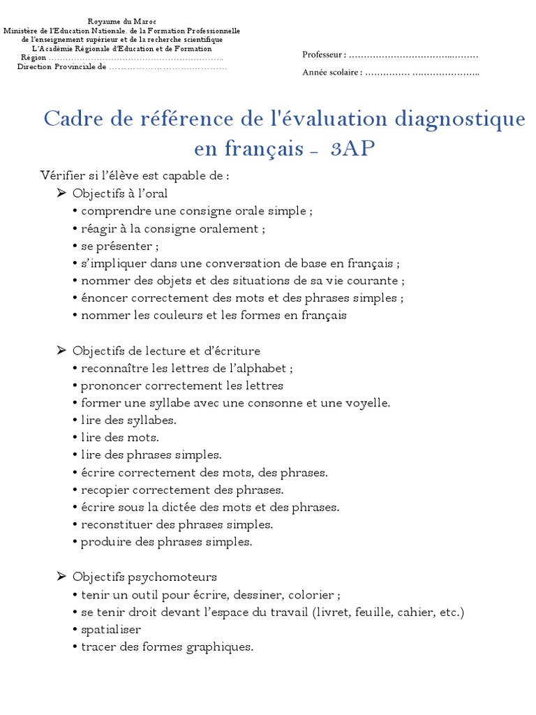 Cadre Diagnostique Français 3AP | PDF