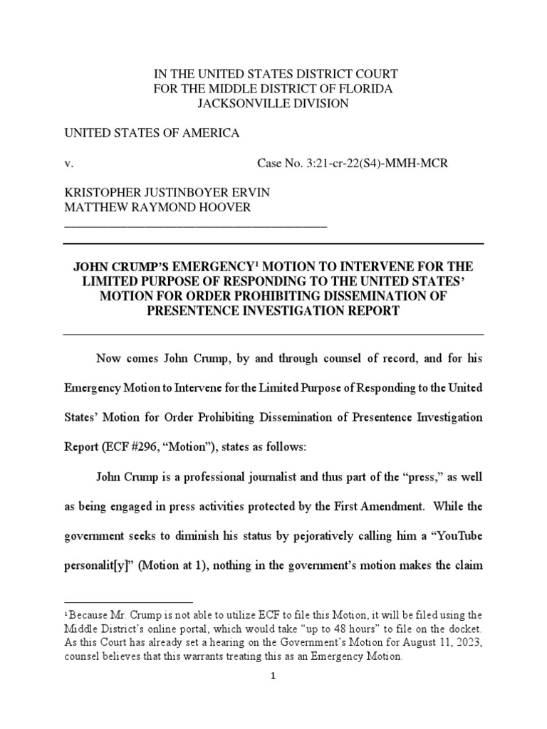 John Crump's Emergency Motion To Intervene For The Limited Purpose Of ...
