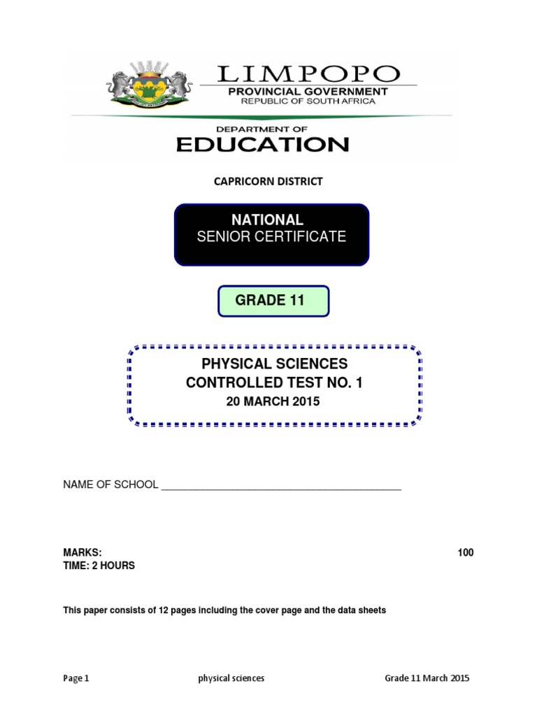 Grade 11 Controlled Test 1 2015 | PDF | Force | Water