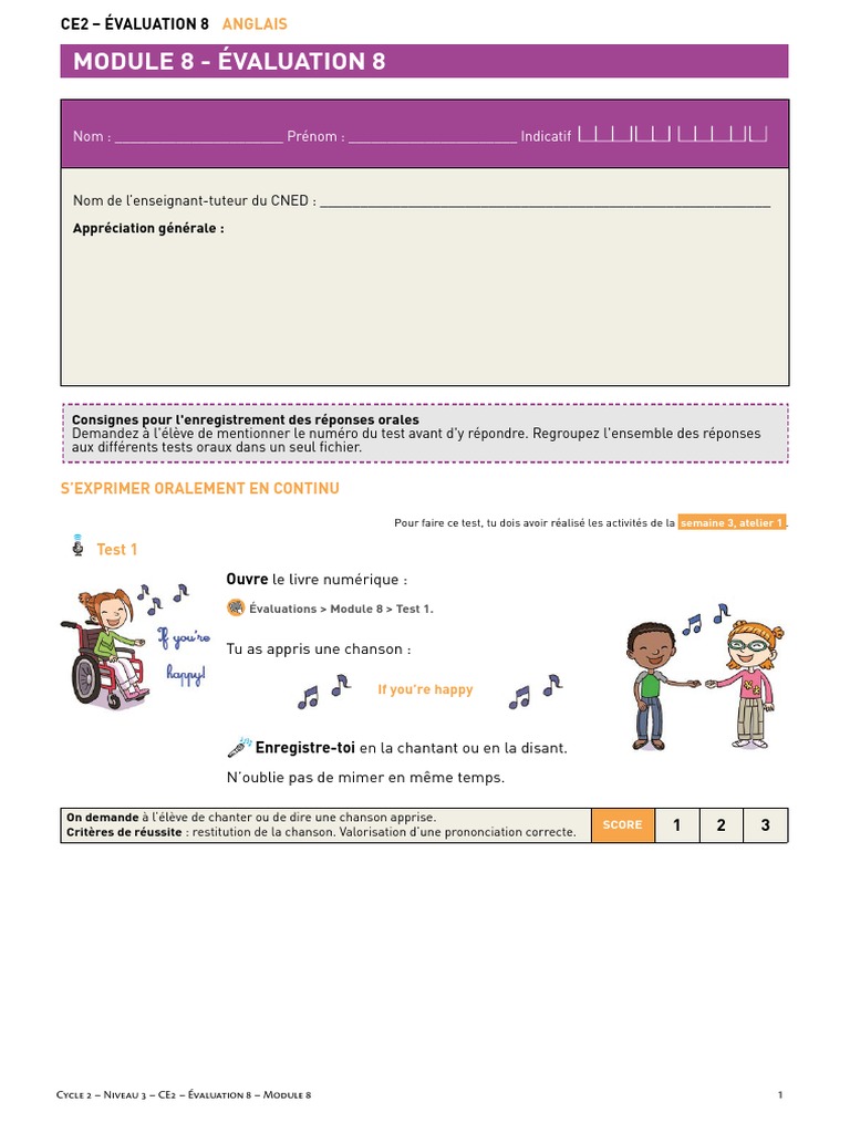 Évaluation d'Anglais CE2 - Module 8 | PDF