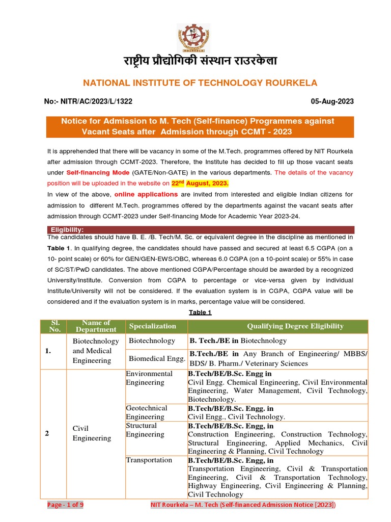 NIT Rourkela Self-Financed M.Tech Admissions 2023 | PDF | Art | Computers