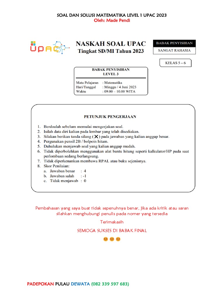 Soal Matematika Level 1 UPAC 2023 | PDF