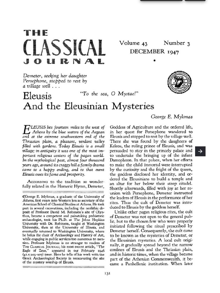 Eleusis and The Eleusinian Mysteries George E. Mylonas | PDF