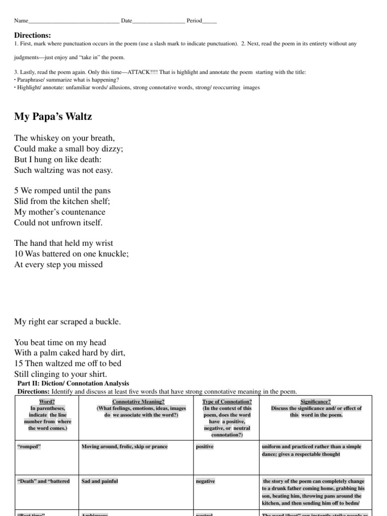 My Papa's Waltz Annotation Example English PDF Poetry