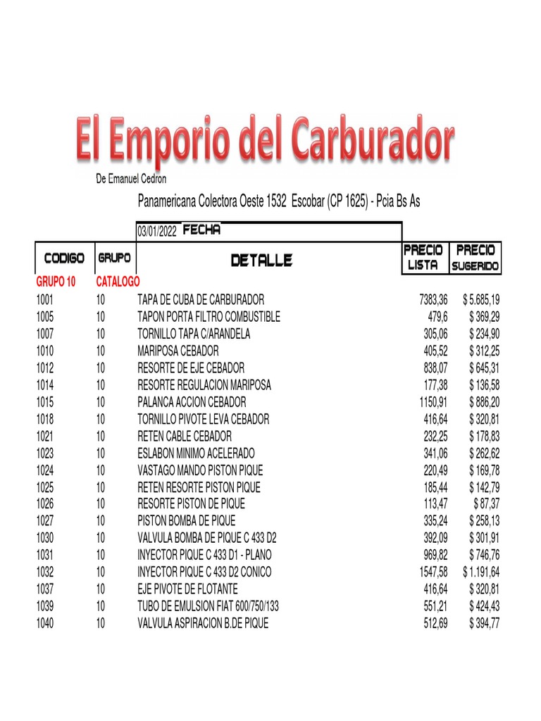 Catálogo de Repuestos de Carburadores | PDF | Carburador | Acelerador