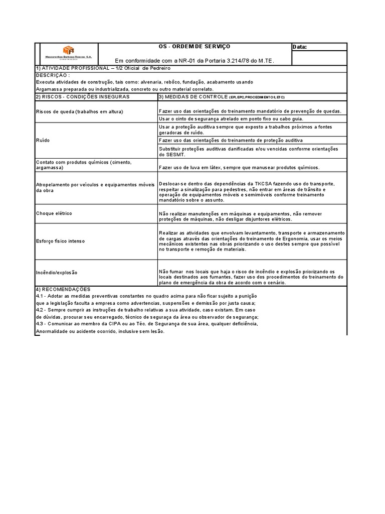 Ordem de Serviço 001 Meio Oficial Pedreiro | PDF