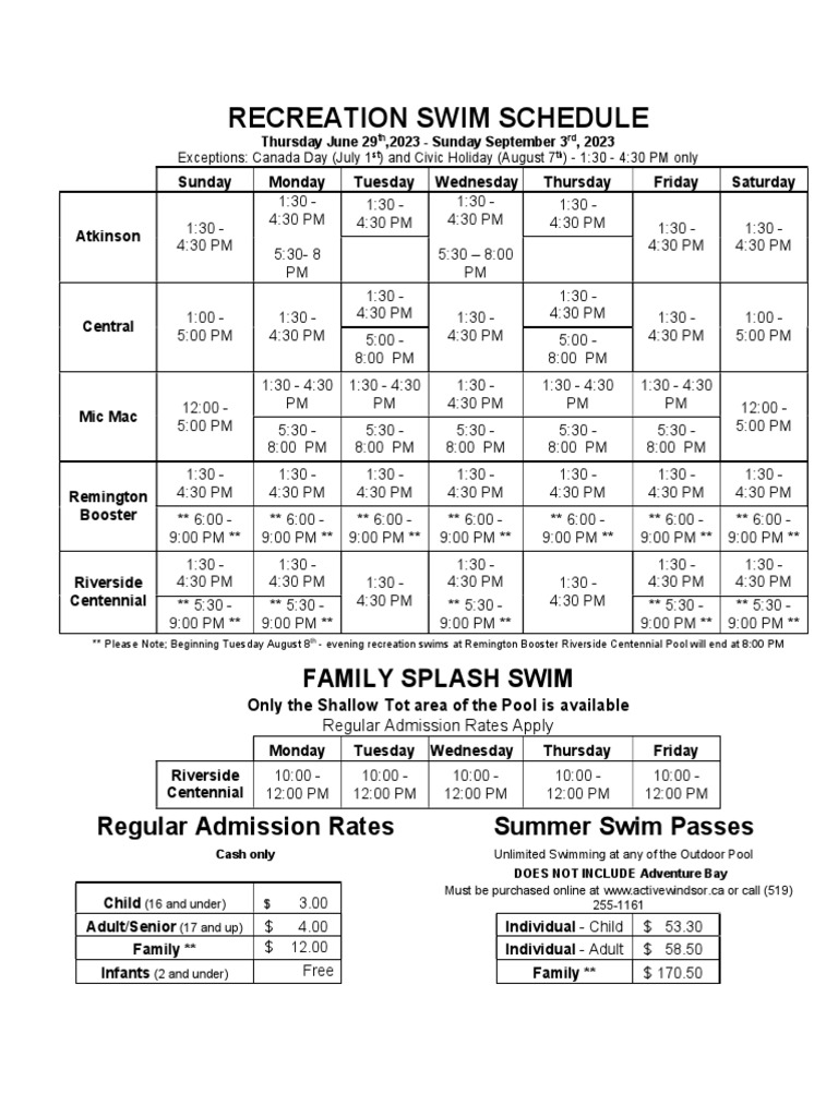 Outdoor Pools Summer 2023 Recreational Swim Schedules 4723 PDF