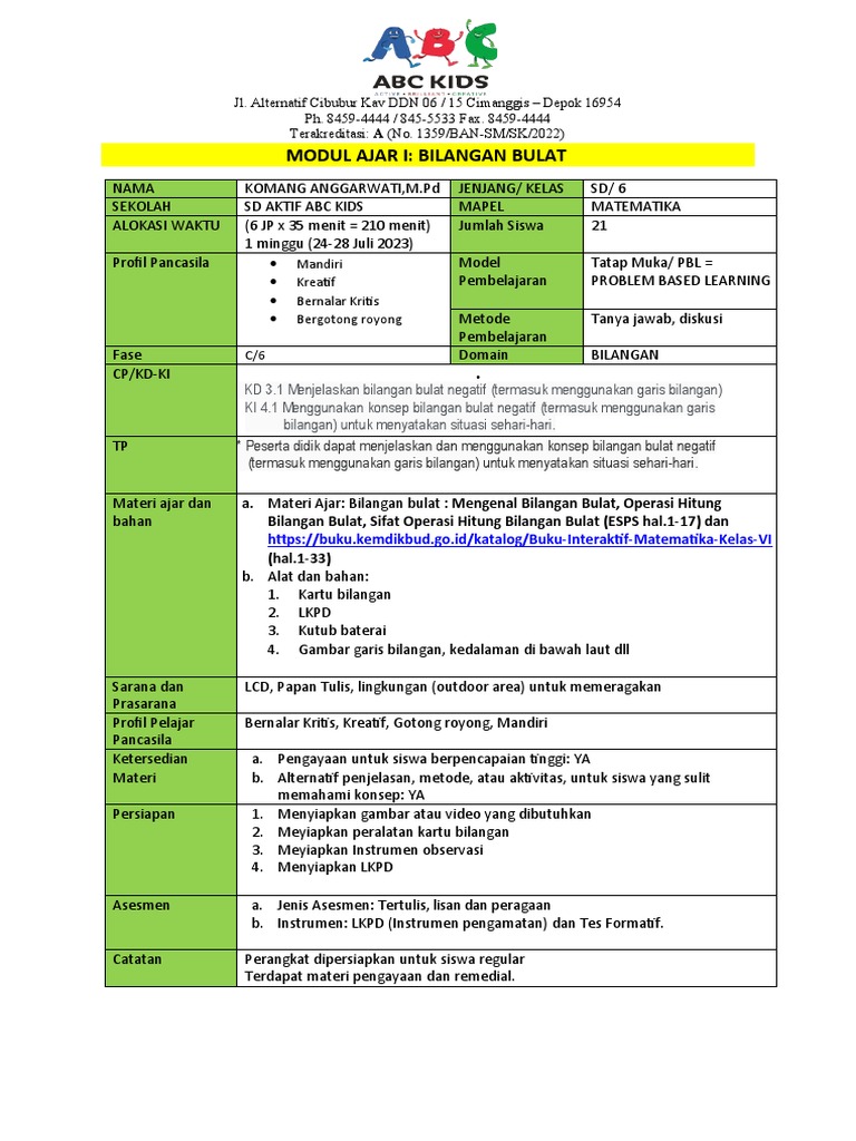 Modul Ajar Bilangan Bulat SD ABC Kids | PDF | Karier & Perkembangan ...