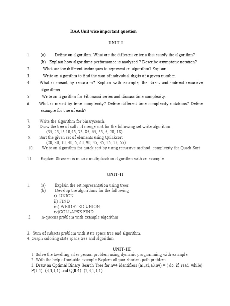 DAA Important Questions by Unit | PDF | Combinatorics | Graph Theory