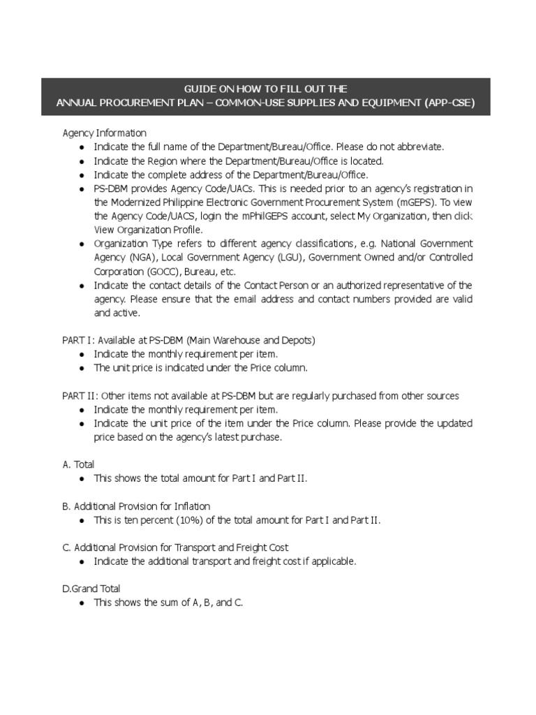 Guide on how to fill out the annual procurement plan common use
