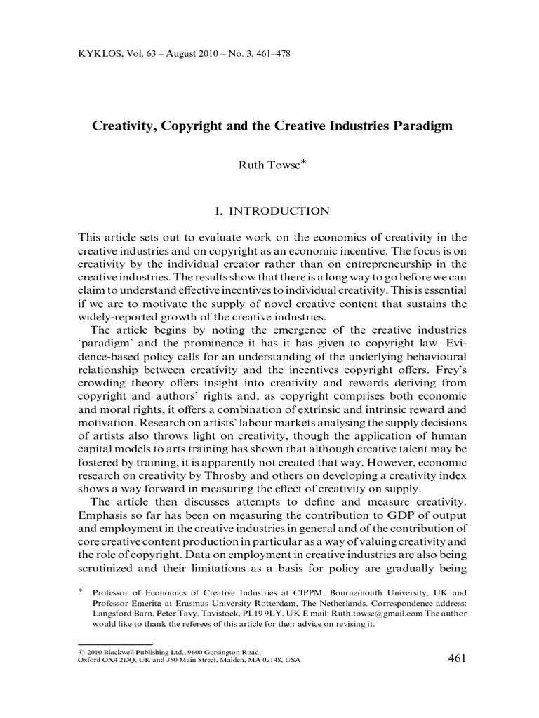 Creativity, Copyright and The Creative Industries Paradigm | PDF ...