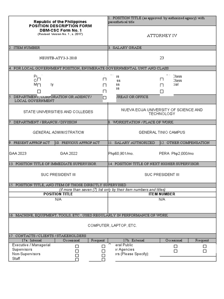 DBM CSC Form No. 1 Position Description Forms ATTORNEY IV PDF