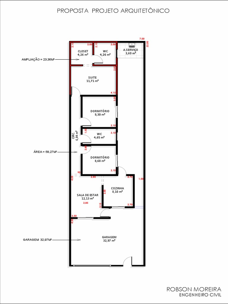 Planta Baixa Casa 7x22 com 3 Quartos | PDF