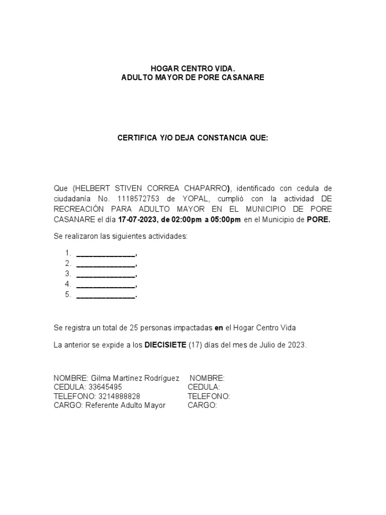 Certificado De Actividad Pdf