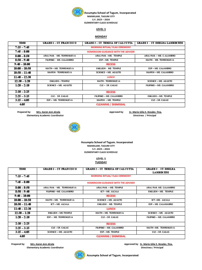 Schedule of Classes Level 1 Grade 123 | PDF
