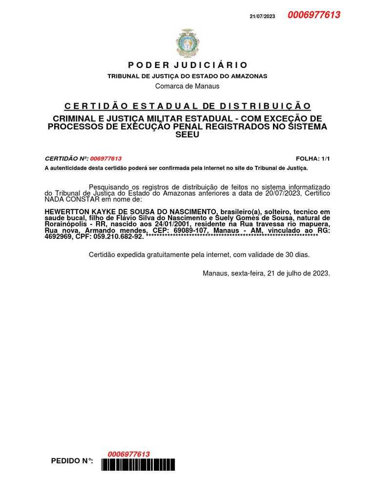 Certidão Negativa Criminal Estadual Pdf