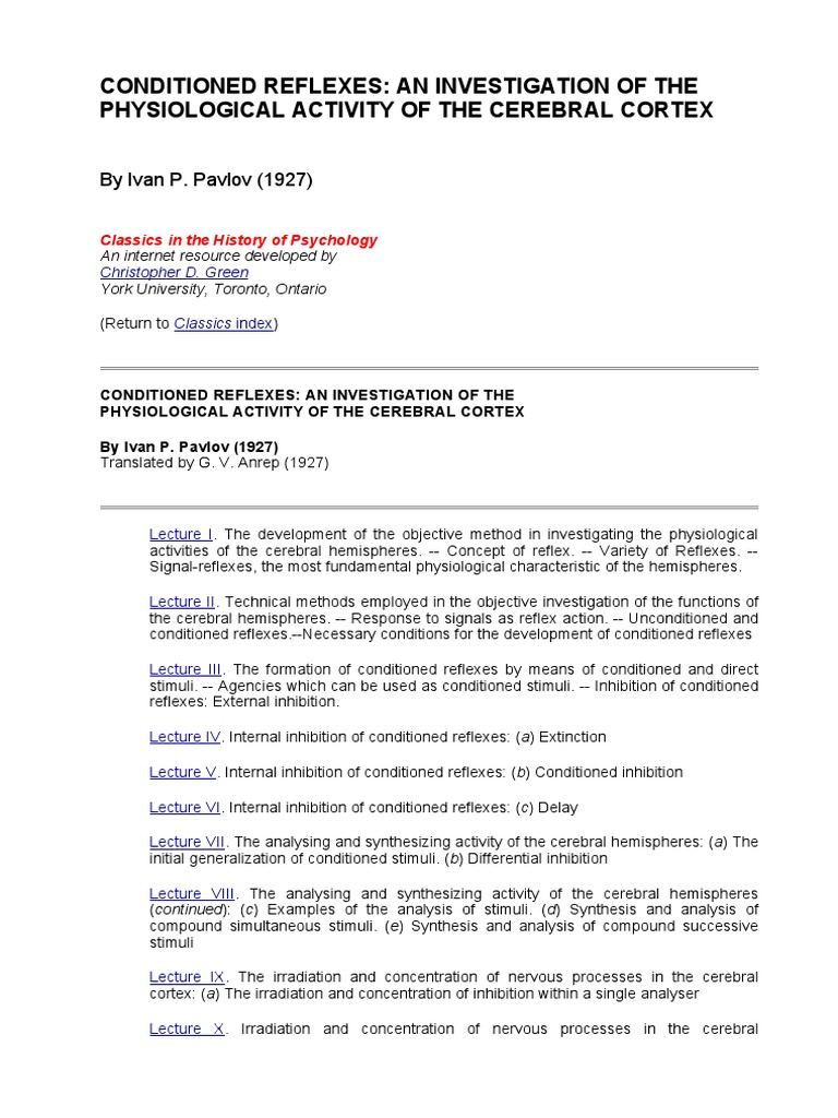 Pavlov - Conditioned Reflexes | PDF