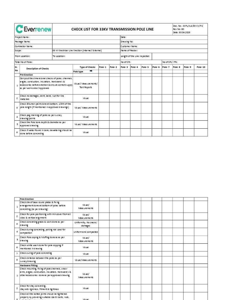 Check List For 33 KV Transmission Pole Line | PDF