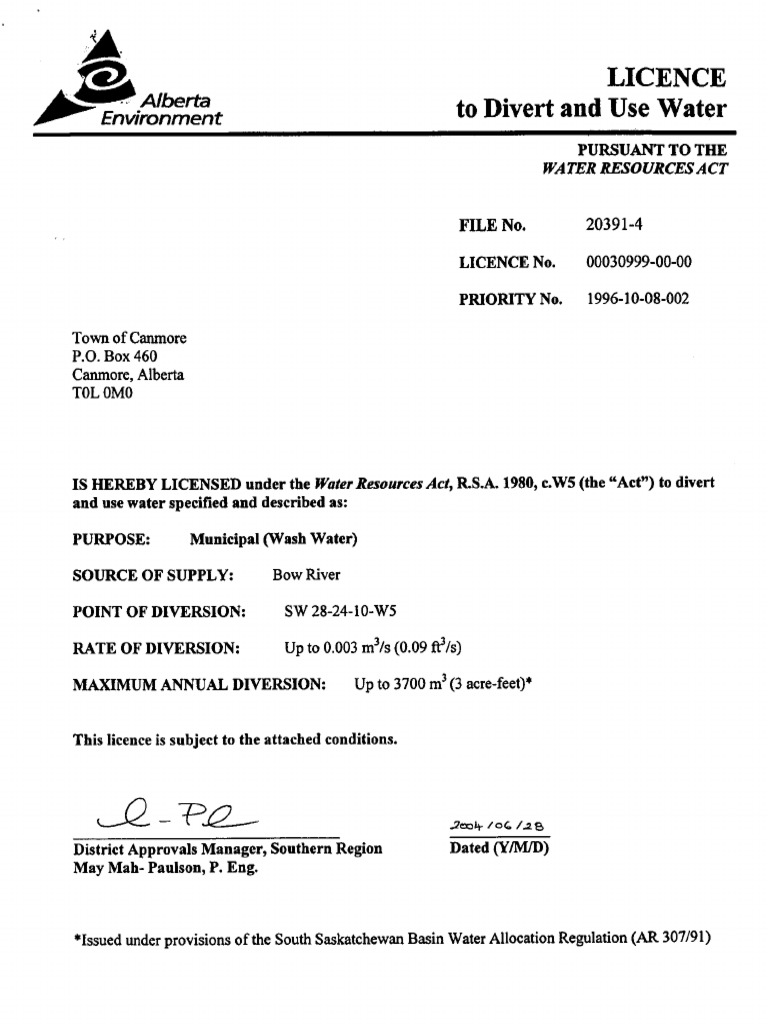 Town of Canmore Water Licences PDF