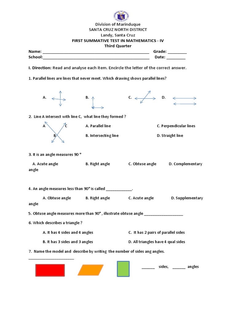 Third Quarter Summative Test No 1 Math 4 Pdf Triangle Rectangle