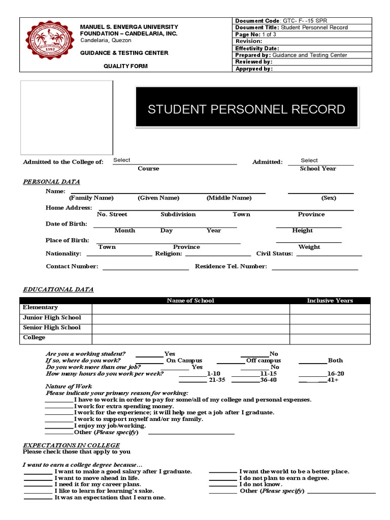 Student Personnel Record Form | PDF
