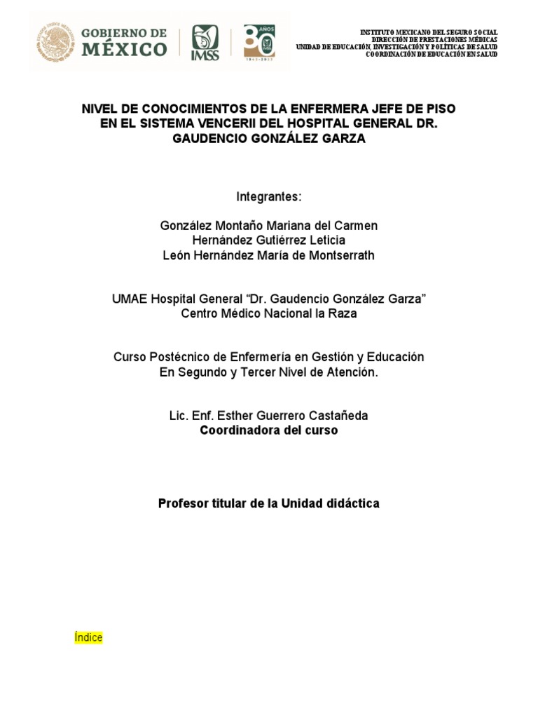 Nivel de Conocimientos de La Enfermera Jefe de Piso en El Sistema
