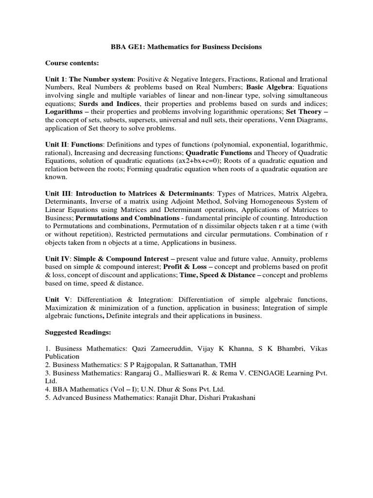 Mathematics For Business Decisions SYLLABUS BBA | PDF