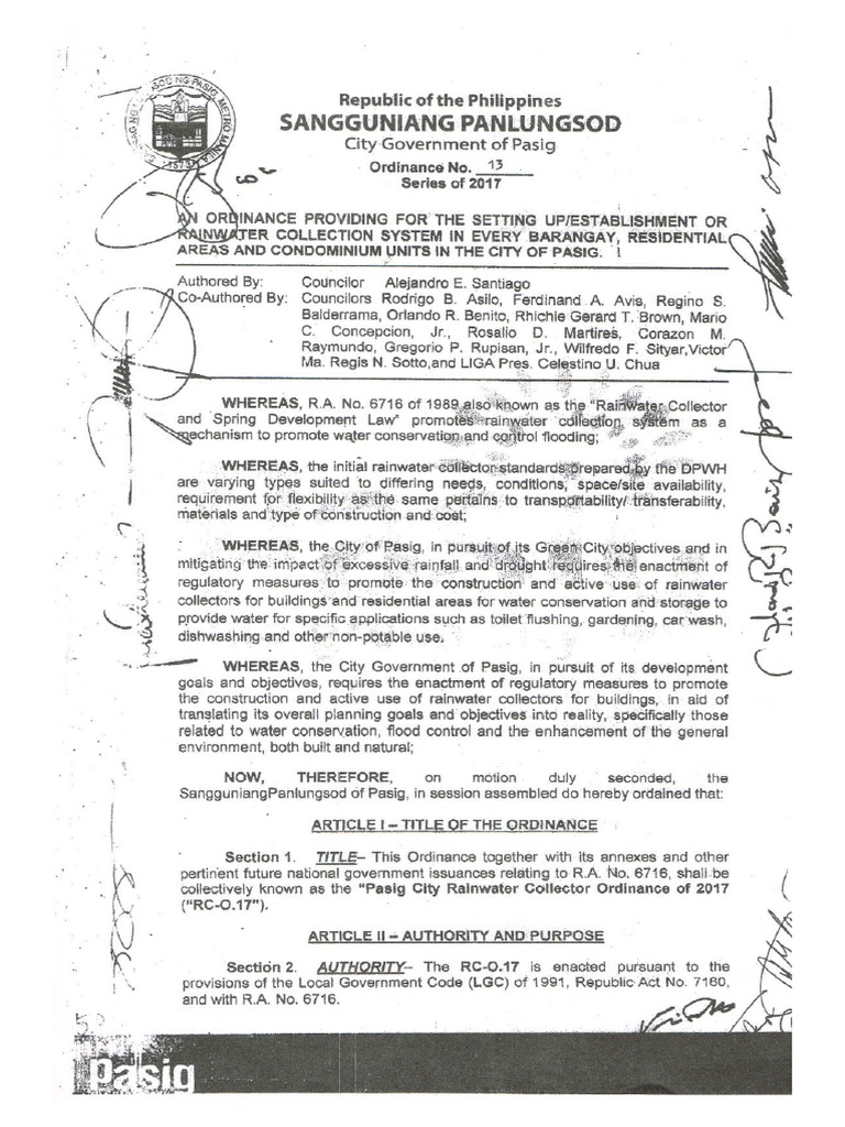 Curated visual reference: Visual Reference: Pasig City Ordinance On Rainwater Collection System